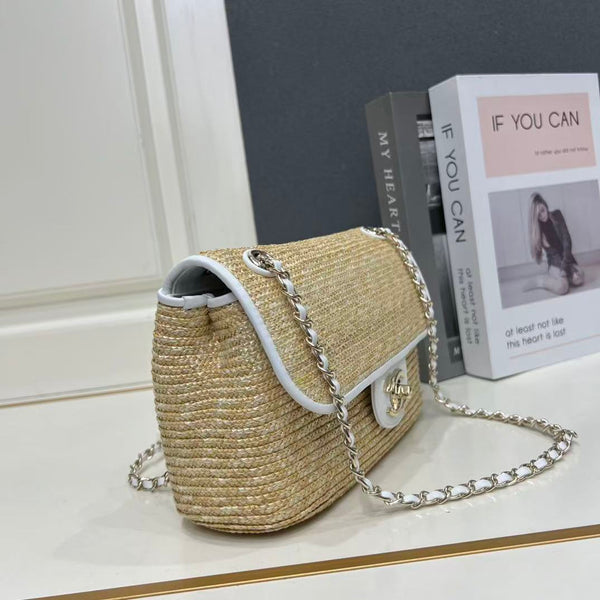 CC Small Flap Bag 23cm Beige Gold Hardware in Raffia