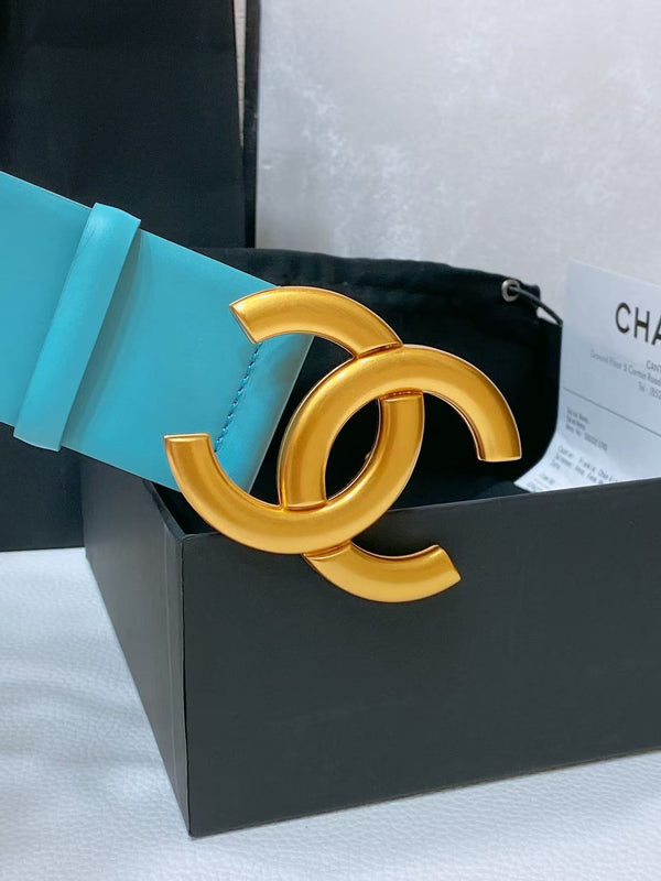 CC Belt 5.5cm Blue Leather Gold Buckle