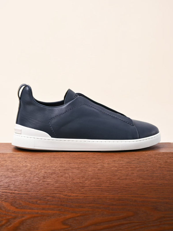 Zegna Triple Stitch Navy Blue Leather Sneakers