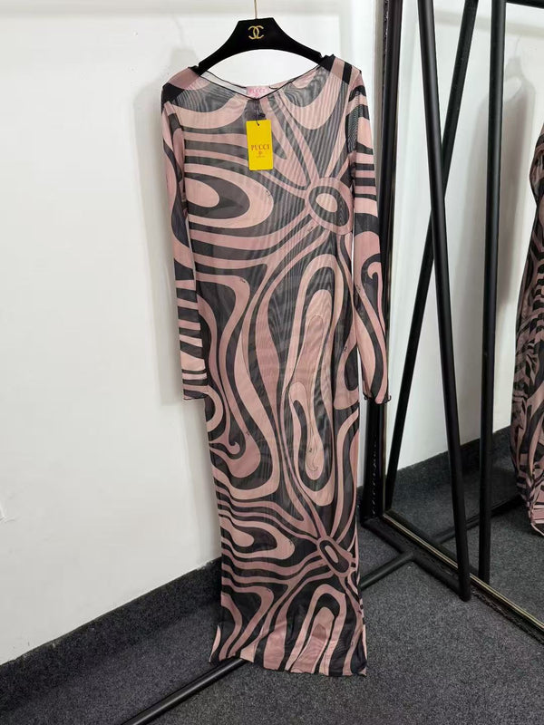 Emilio Pucci Marmo Printed Mesh Maxi Dress - Beige Black in Polyester