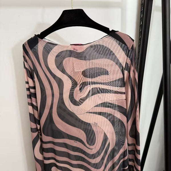 Emilio Pucci Marmo Printed Mesh Maxi Dress - Beige Black in Polyester