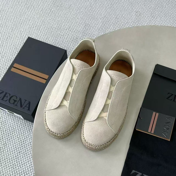 Zegna Mélange Triple Stitch Cream Suede Sneakers