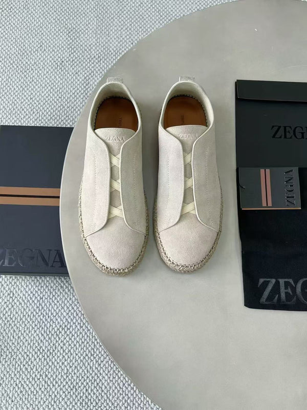 Zegna Mélange Triple Stitch Cream Suede Sneakers