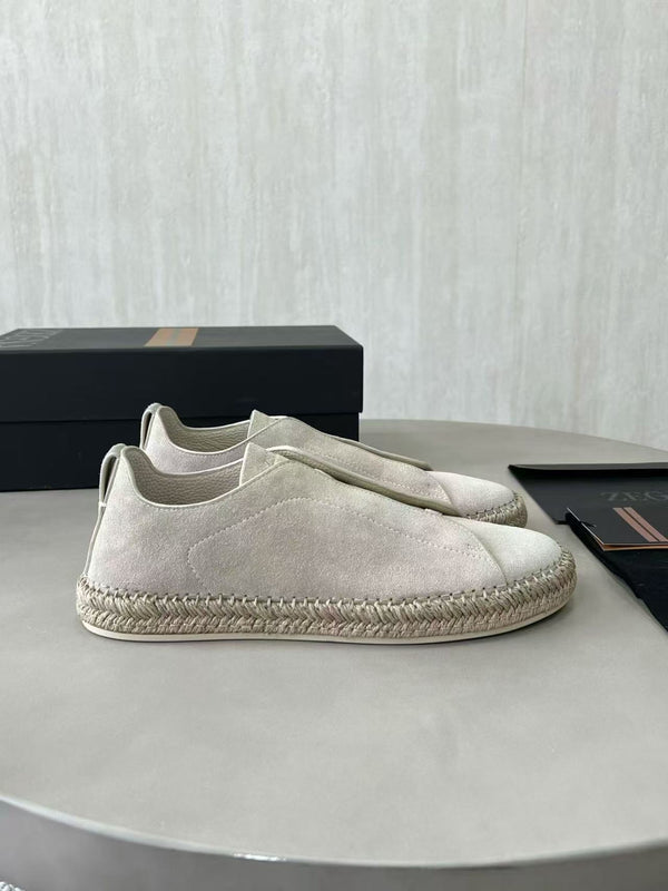 Zegna Mélange Triple Stitch Cream Suede Sneakers