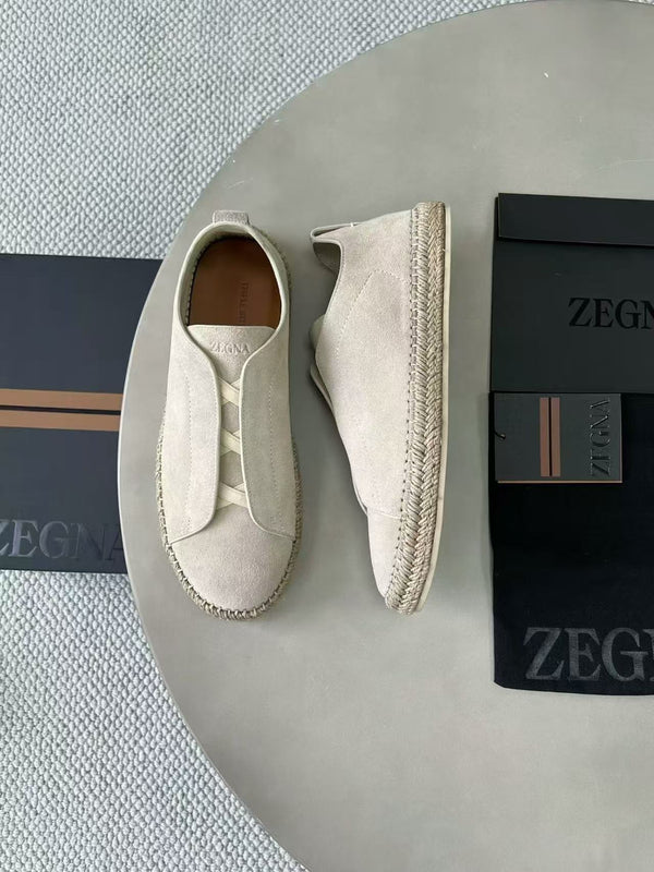 Zegna Mélange Triple Stitch Cream Suede Sneakers