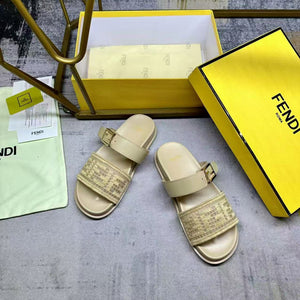 Fend Double-Strap Sandals Beige Monogram Woven Leather Slides