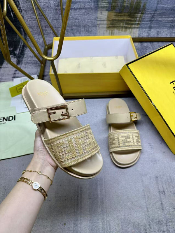 Fend Double-Strap Sandals Beige Monogram Woven Leather Slides