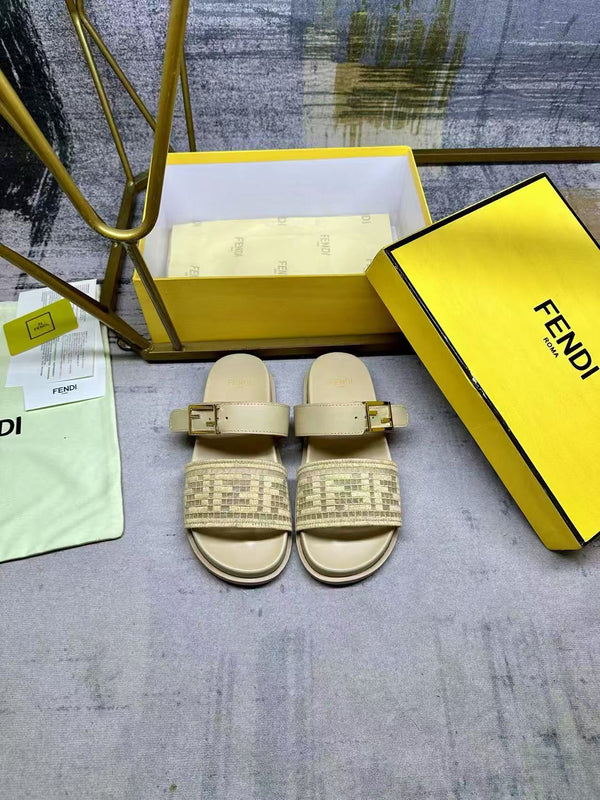 Fend Double-Strap Sandals Beige Monogram Woven Leather Slides