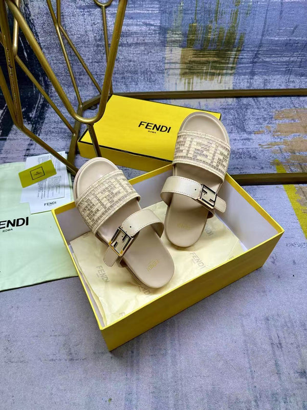 Fend Double-Strap Sandals Beige Monogram Woven Leather Slides