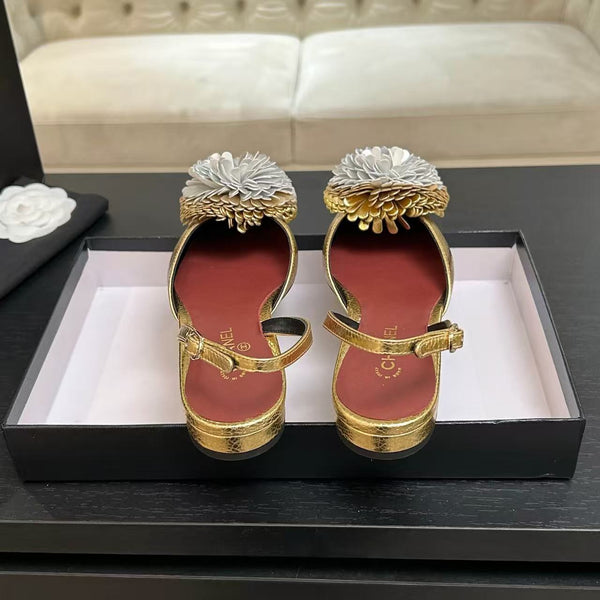 CC 26 Flower-shaped Slingback Pumps Gold Silver Cowhide