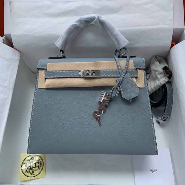HM KELLY 25CM BLUE GREY EPSOM LEATHER SILVER HARDWARE