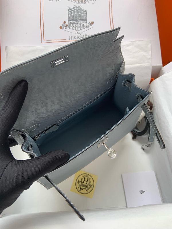 HM KELLY 25CM BLUE GREY EPSOM LEATHER SILVER HARDWARE