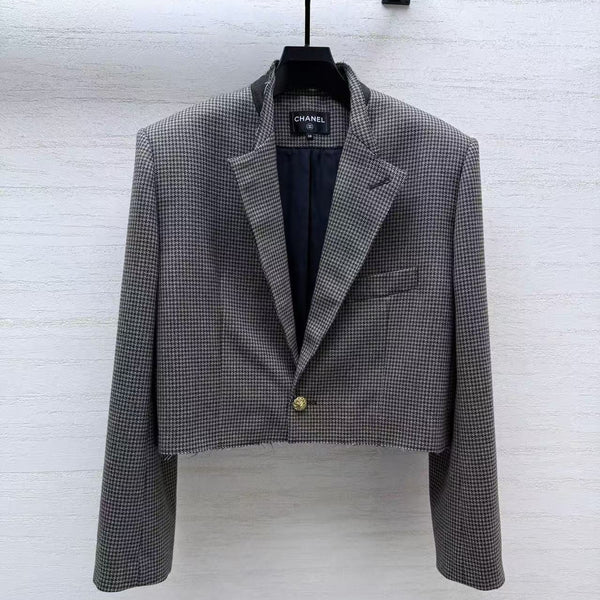 CC Cropped Houndstooth Blazer Greige Wool