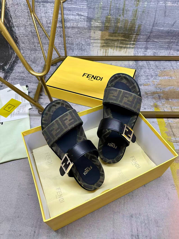 Fend Feel Double-Strap Sandals Black Monogram Canvas Leather Slides