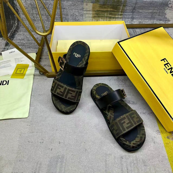 Fend Feel Double-Strap Sandals Black Monogram Canvas Leather Slides