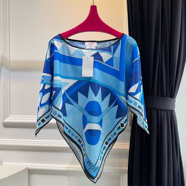 Pucci Vivara Print Cape Blouse Blue Silk