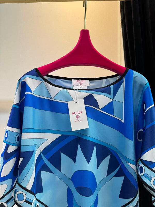 Pucci Vivara Print Cape Blouse Blue Silk