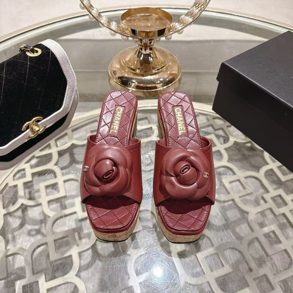 CC Camellia Platform Sandals Burgundy Lambskin