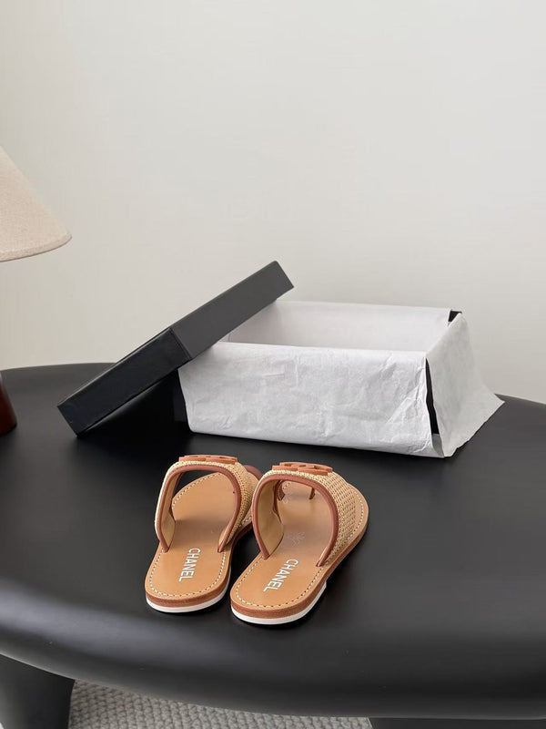 CC Toe Ring Thong Sandal In Beige Tan Brown Woven And Leather