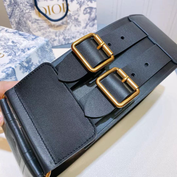 CD Double-Buckle Belt Black Gold hardware in Leather