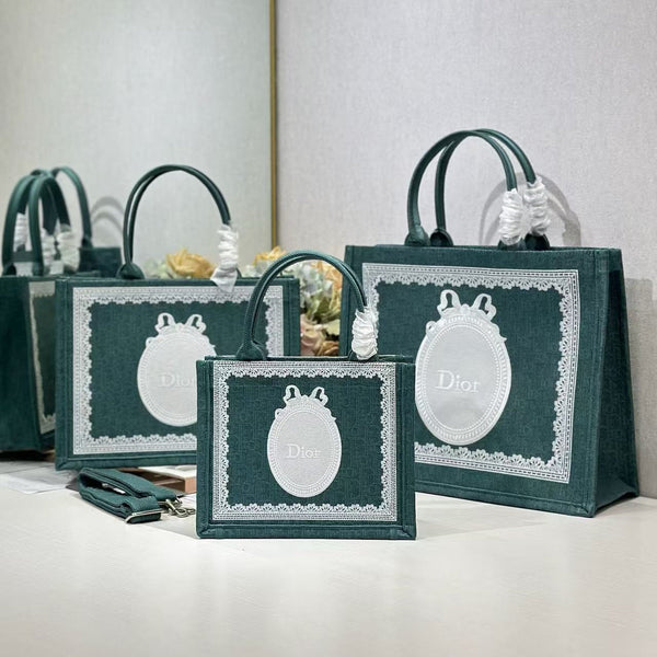 CD Dioramour Book Tote Teal Green Dior Oblique Embroidery with White Lace