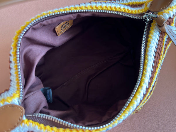 Miu Crochet Pouch Brown White Cream Cotton