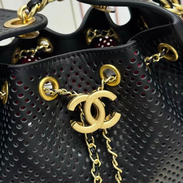 CC Hobo Bag 22cm Black Perforated Soft Cowhide