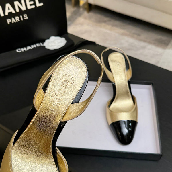 CC Métiers d'Art Apple Slingback Pumps 8.5cm Black Gold Metalic Leather
