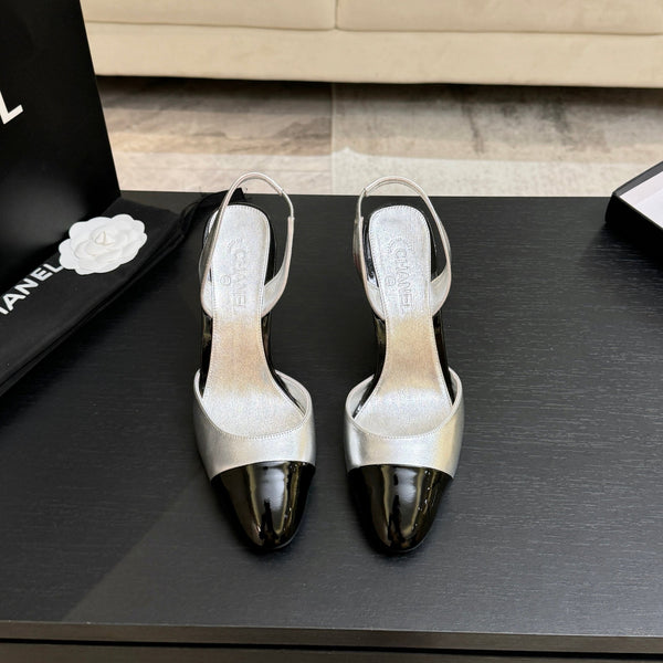 CC Métiers d'Art Apple Slingback Pumps 8.5cm Black Silver Metalic Leather