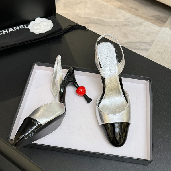 CC Métiers d'Art Apple Slingback Pumps 8.5cm Black Silver Metalic Leather
