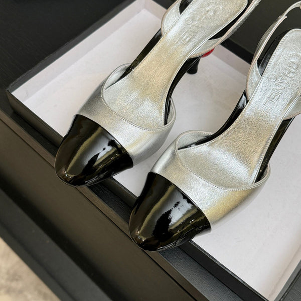 CC Métiers d'Art Apple Slingback Pumps 8.5cm Black Silver Metalic Leather
