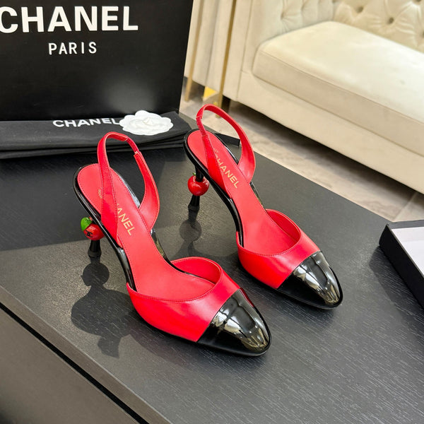 CC Métiers d'Art Apple Slingback Pumps 8.5cm Black Red Cowhide Leather