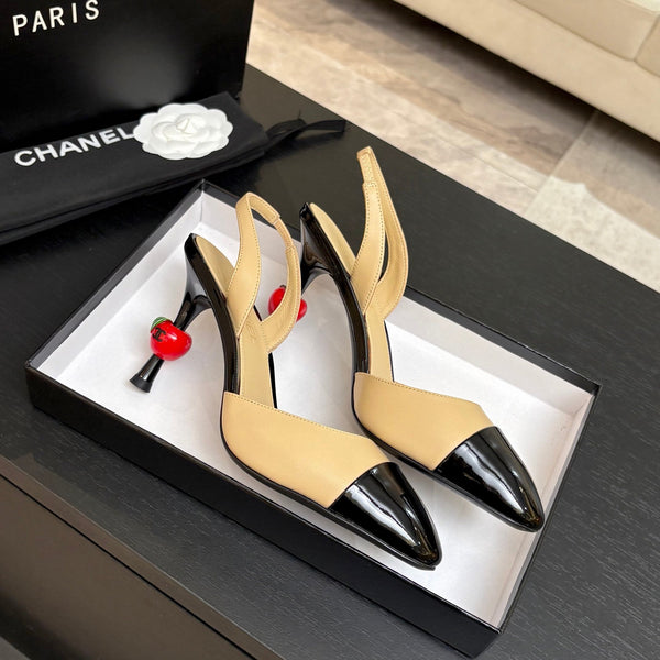CC Métiers d'Art Apple Slingback Pumps 8.5cm Black Begie Cowhide Leather