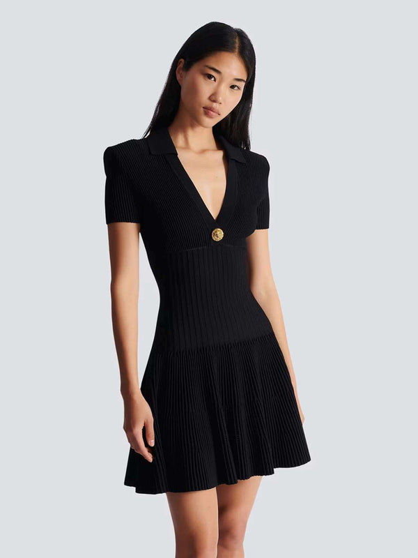 Balmain Short Flared Knit Dress Black With Gold Button