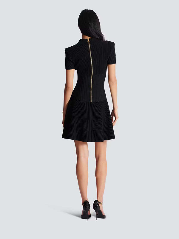 Balmain Short Flared Knit Dress Black With Gold Button