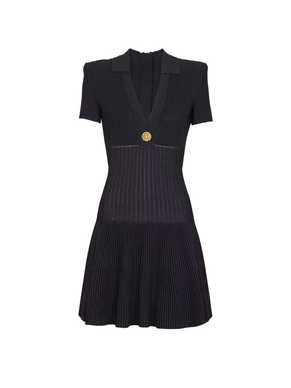 Balmain Short Flared Knit Dress Black With Gold Button