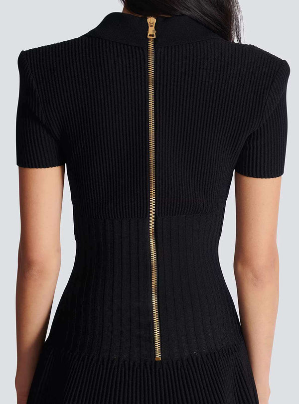 Balmain Short Flared Knit Dress Black With Gold Button