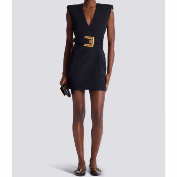 Balmain Sleeveless Mini Dress with Gold Buckle Belt Black Polyester