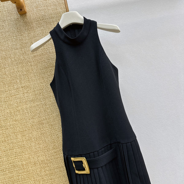 Balmain Pleated Mini Dress with Gold Buckle Belt Black Polyester
