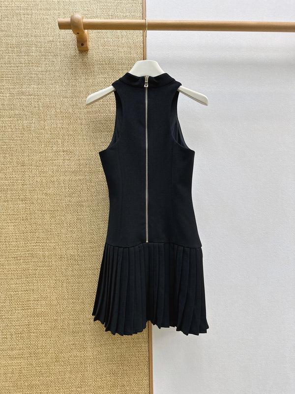 Balmain Pleated Mini Dress with Gold Buckle Belt Black Polyester