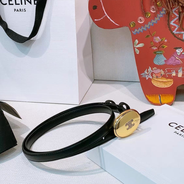 Celine Triomphe Oval Belt 1.3cm Black Gold Leather