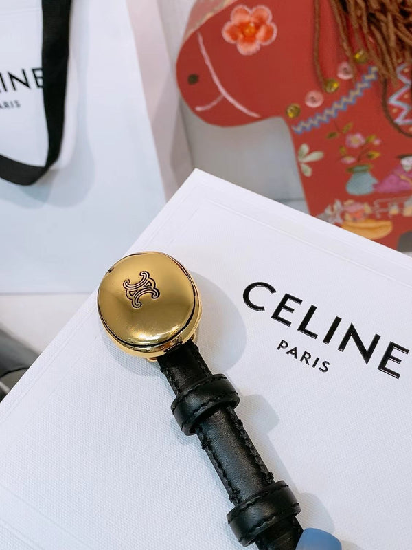 Celine Triomphe Oval Belt 1.3cm Black Gold Leather