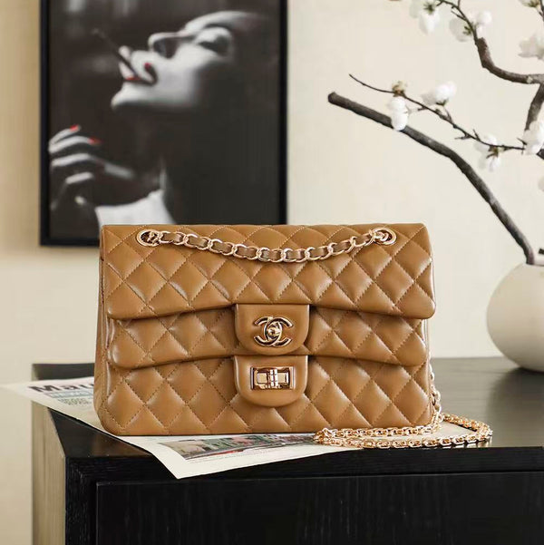CC Small Classic Double Flap Bag 25.5cm in Caramel Lambskin