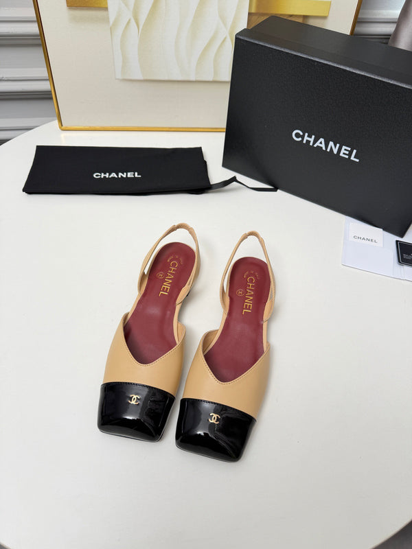 CC 26s Square Toe  Slingbacks Slingback Flats Black Beige Leather