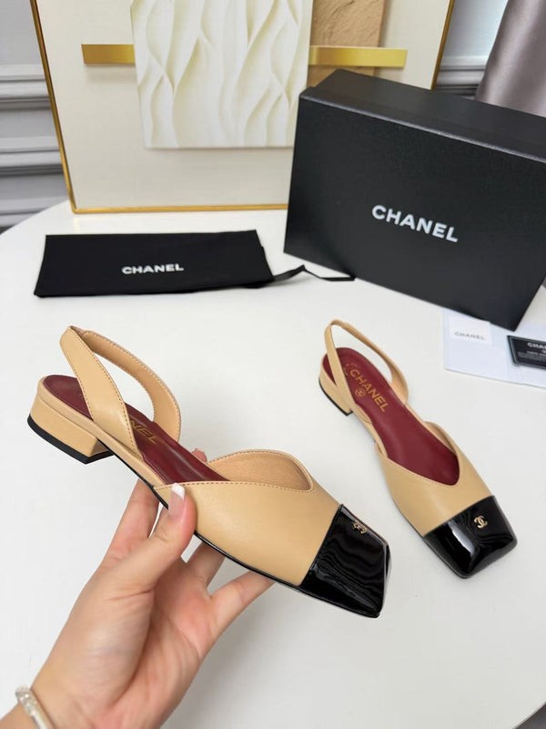 CC 26s Square Toe  Slingbacks Slingback Flats Black Beige Leather