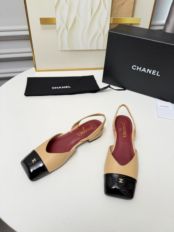 CC 26s Square Toe  Slingbacks Slingback Flats Black Beige Leather