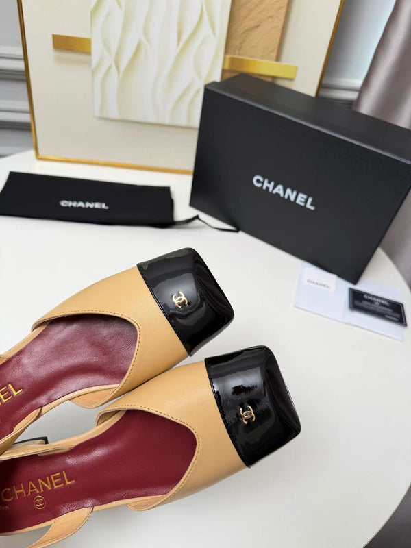 CC 26s Square Toe  Slingbacks Slingback Flats Black Beige Leather
