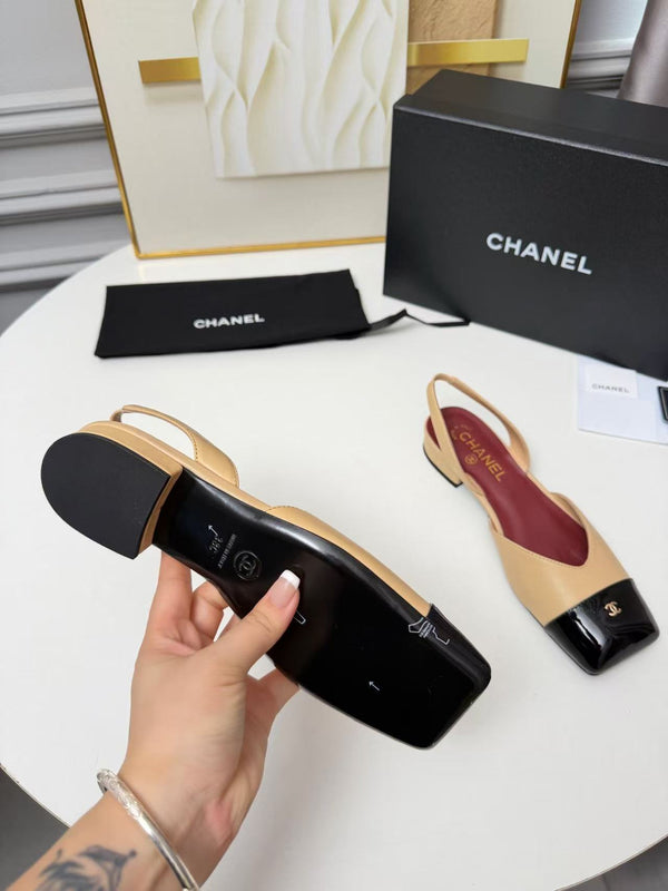 CC 26s Square Toe  Slingbacks Slingback Flats Black Beige Leather