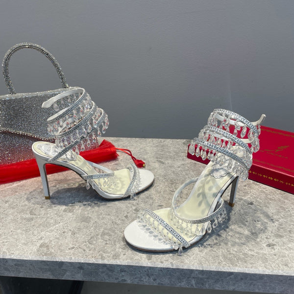 RC 25 Crystal Tassel High-Heeled Sandals Ivory Silk Crystal Diamond