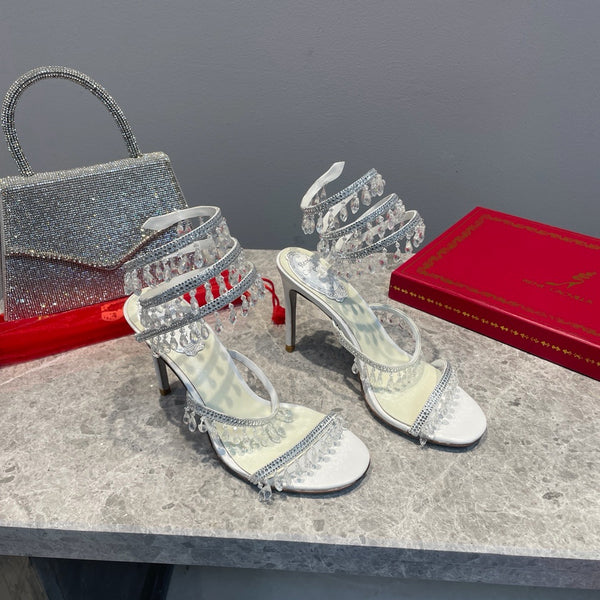 RC 25 Crystal Tassel High-Heeled Sandals Ivory Silk Crystal Diamond